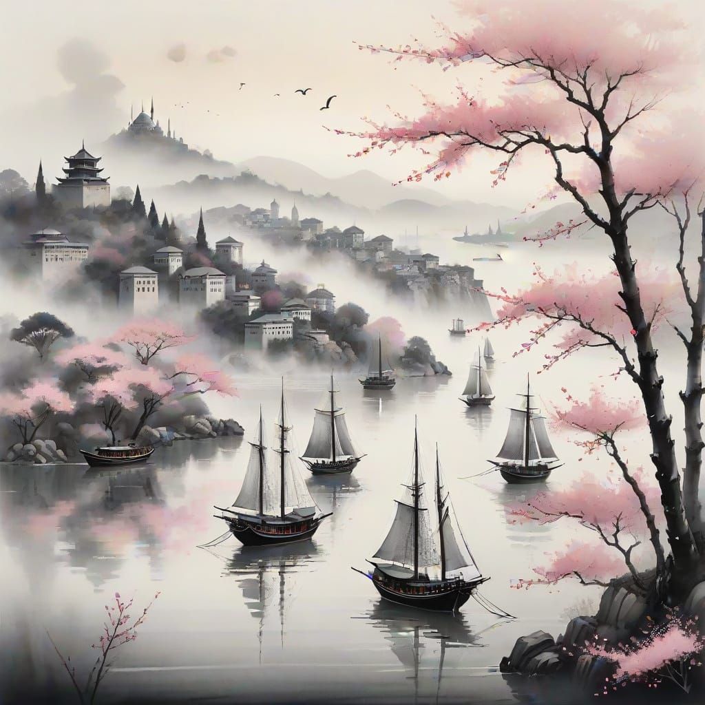 Japanese-Inspired Sailing Ships in Bosphorus Mist
