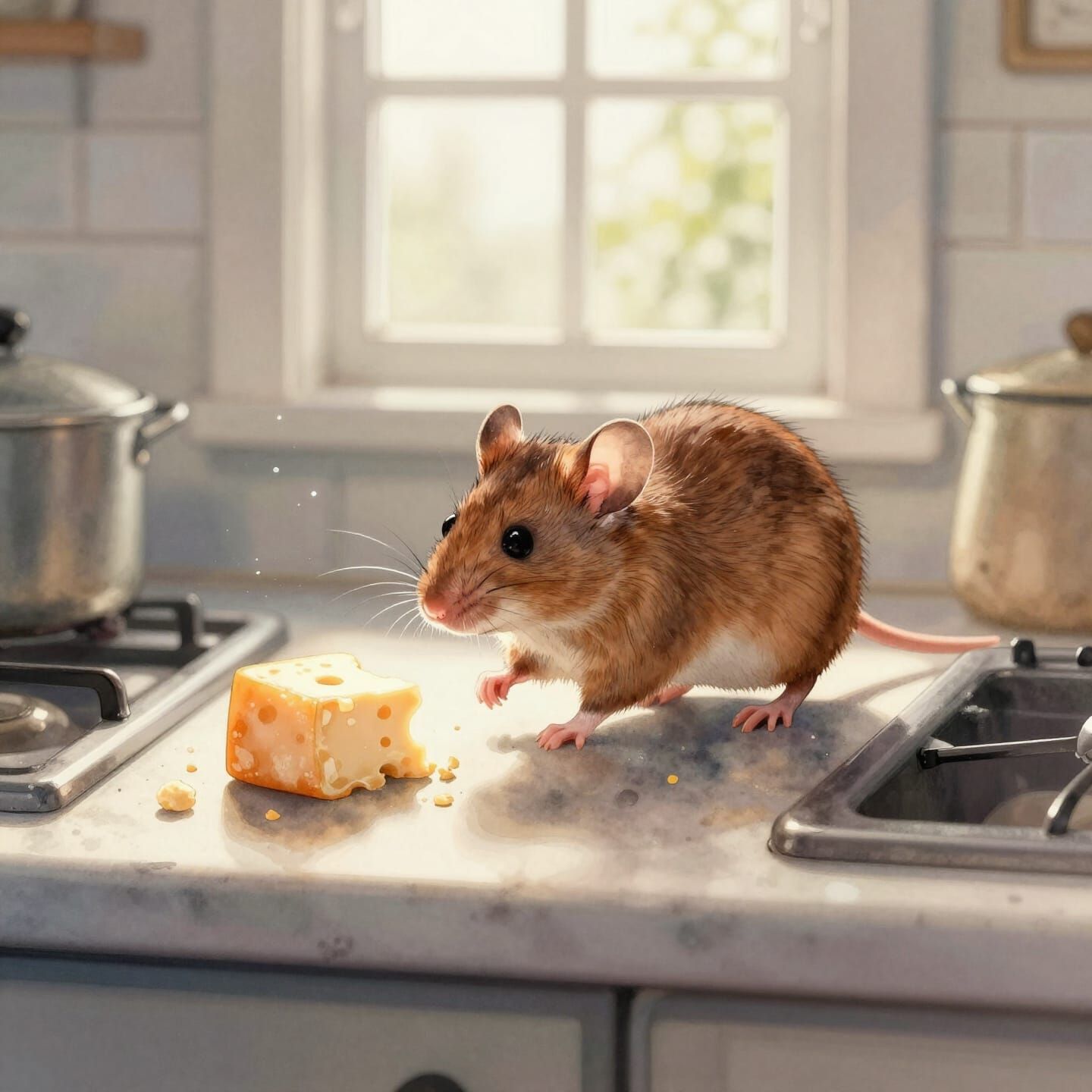 Triumphant Mouse Reaches Cheese in Sunlit Kitchen