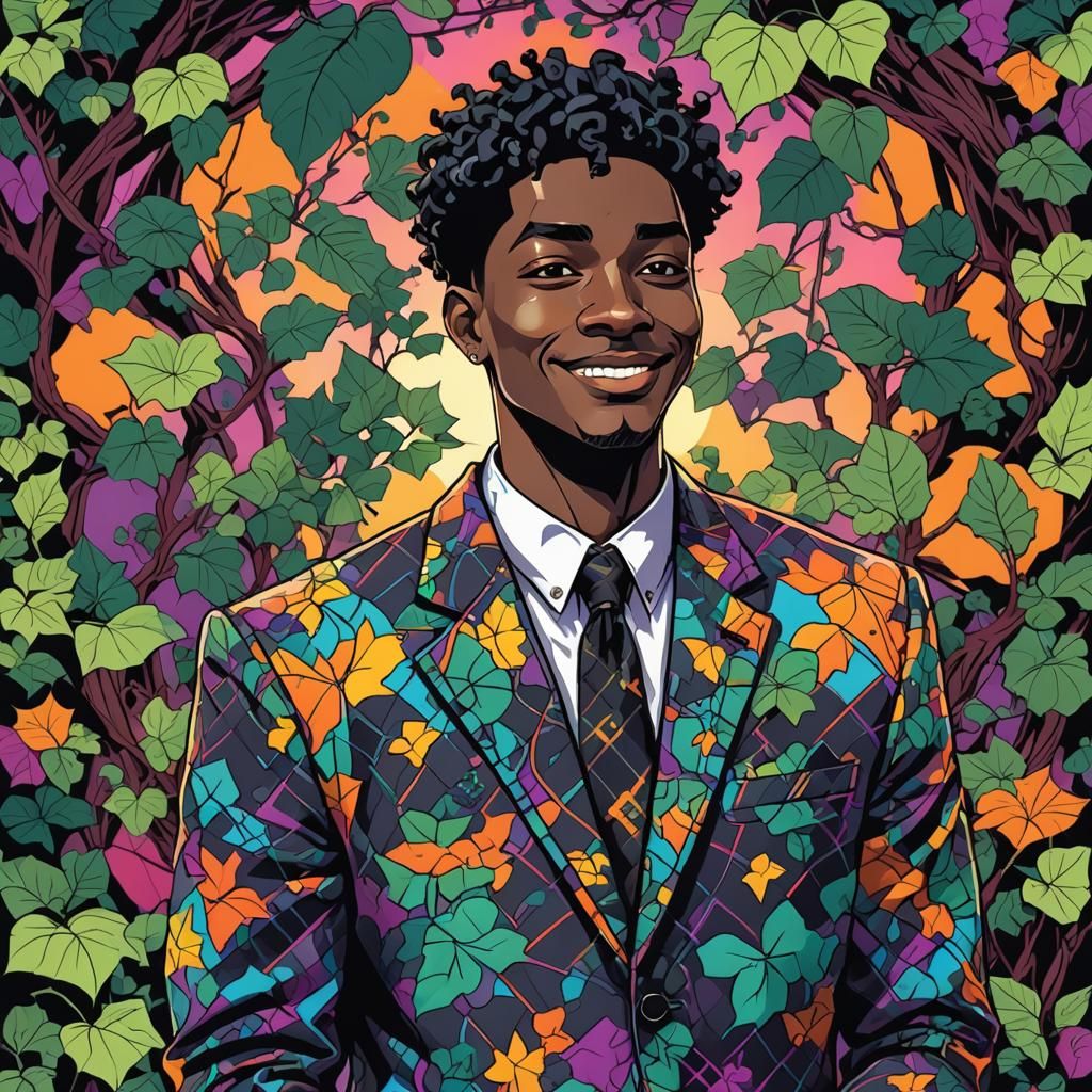 Psychedelic Anime Illustration: Smiling Man in Argyle Suit