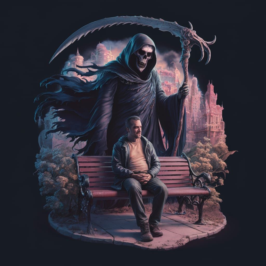 Grim reaper standing behind a man on a bench with his scythe...