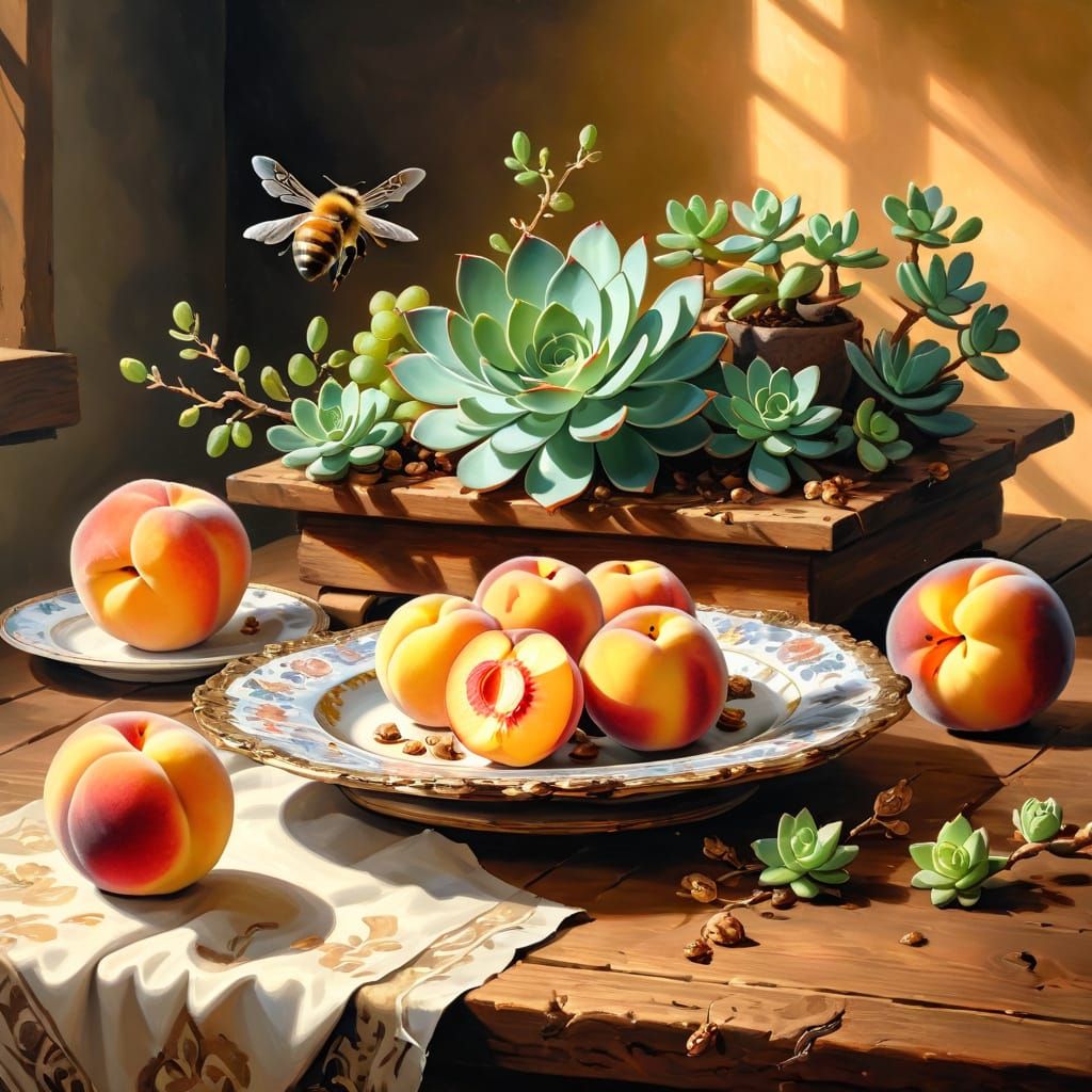Golden Honeybee Amidst a Peach on a Wooden Table in Baroque ...
