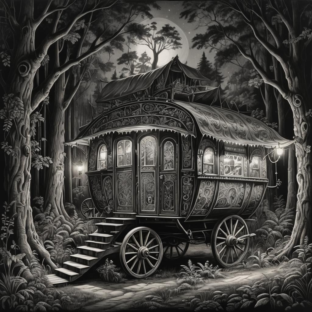Fantasy Gypsy Caravan in Dense Forest: Charcoal Drawing
