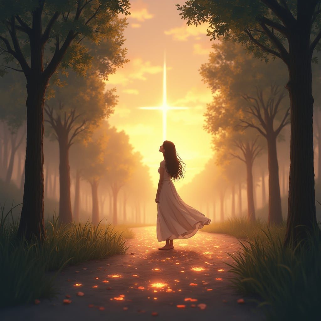 Woman on Path at Dusk with Divine Light