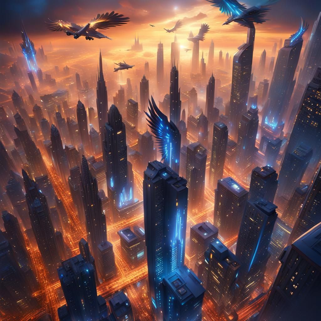 Flights Soar Over Futuristic Cityscape: Fantasy Concept Art