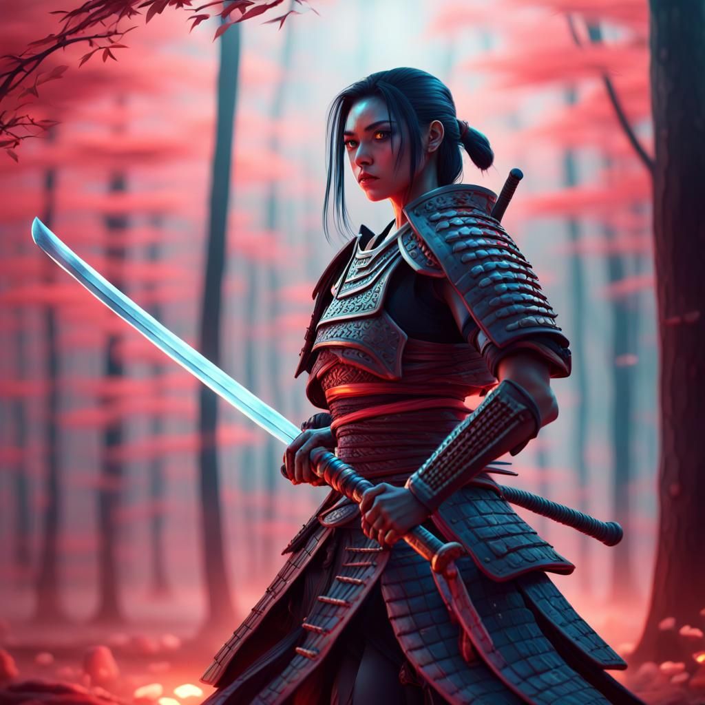 Samurai Woman Battles Skeletons in Mystical Forest