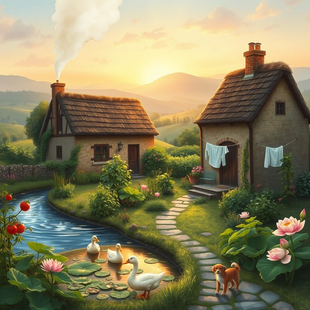 Charming Country Cottage with Garden, Impressionist Style