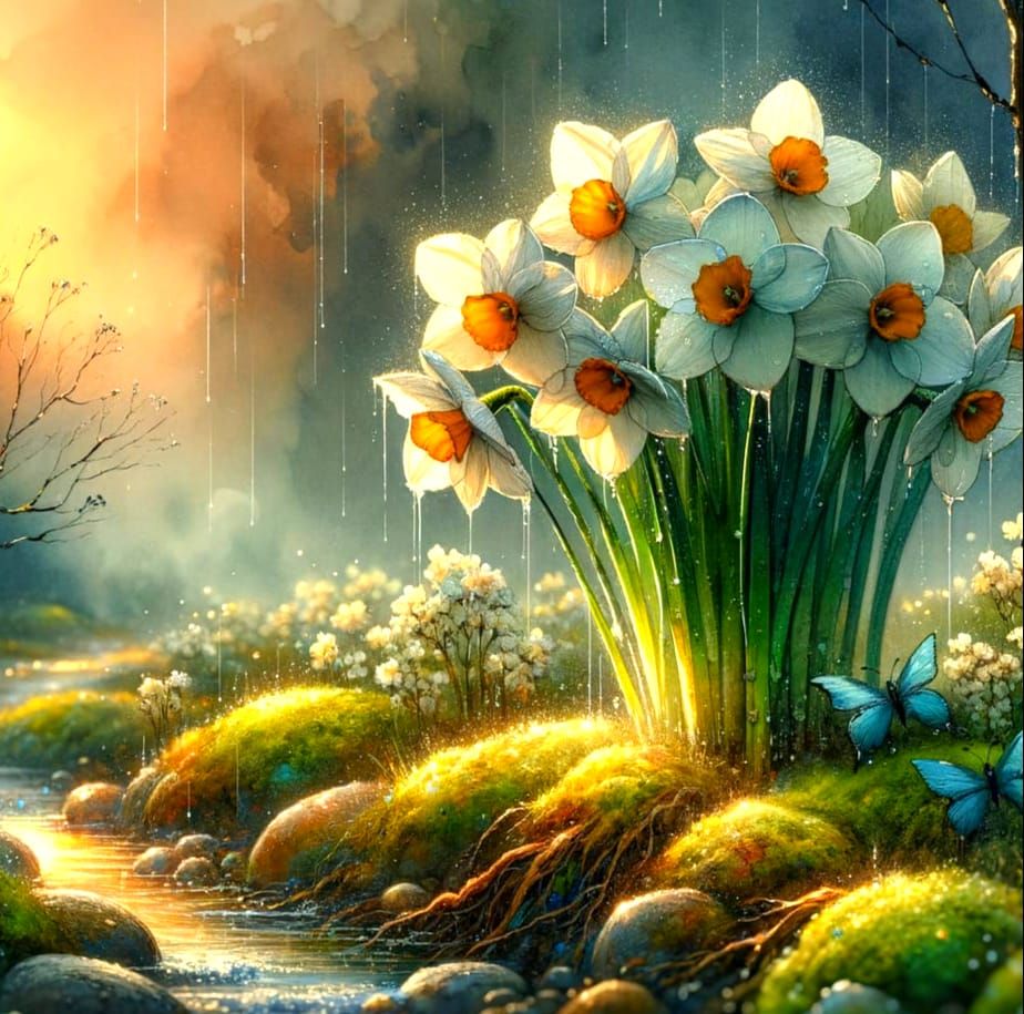 Paperwhite Narcissus in Rainy Dawn: A Watercolor Painting