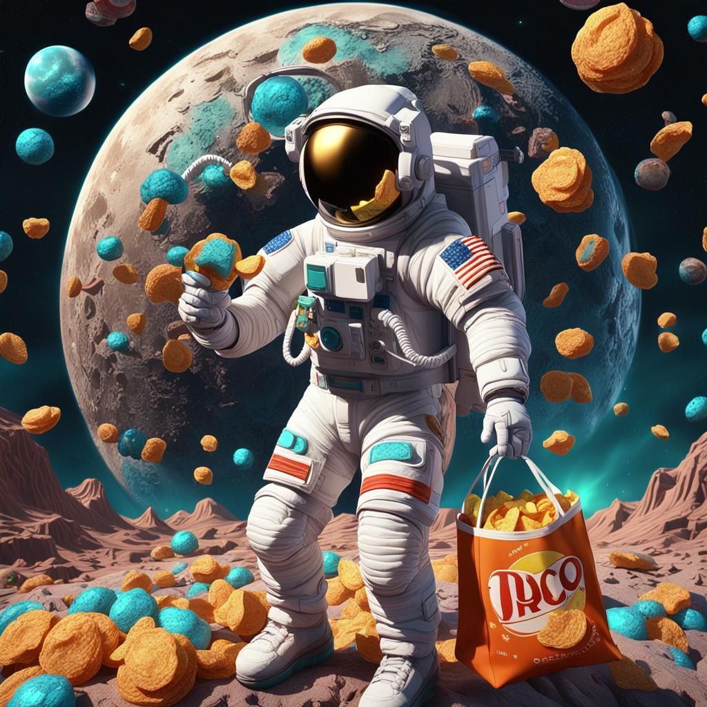 An astronaut standing in front of the moon with a bag of candy and a bottle of soda with a bag of chips floating by art ...