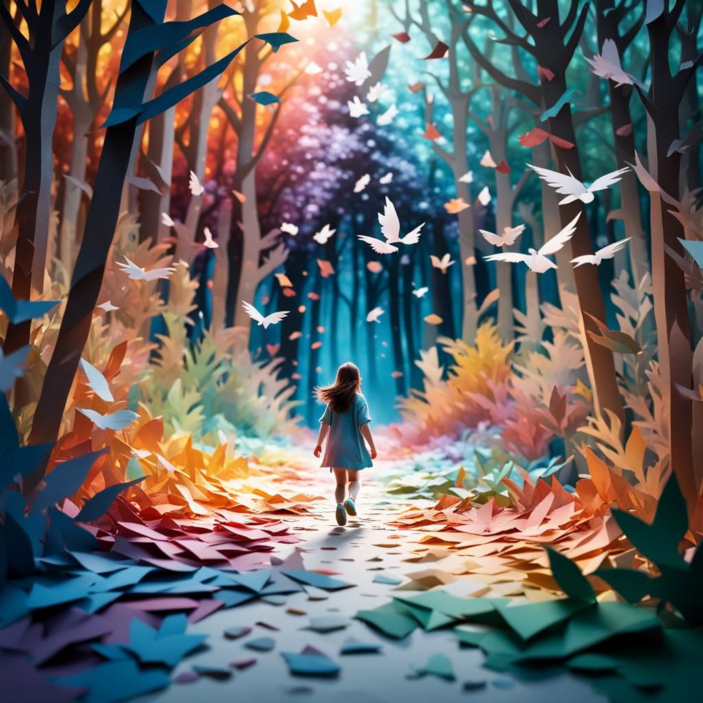 Magical Paper World with Paper Girl in Woods