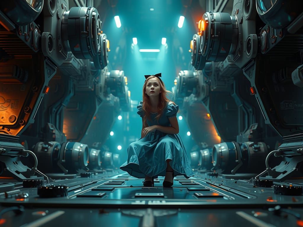 Alice in Futuristic Wonderland with Intricate Machinery