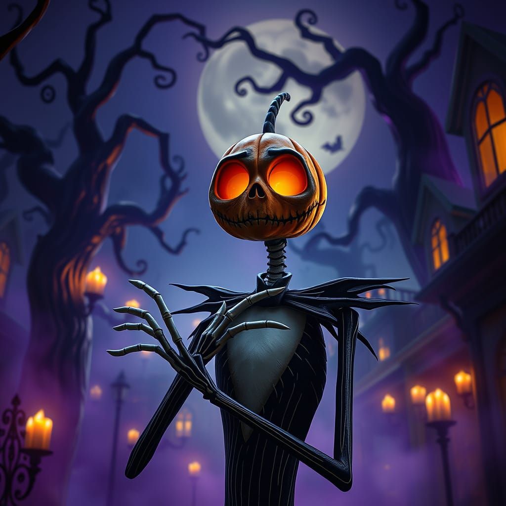 Skeletal Figure in Eerie Town Square, Inspired by Tim Burton...