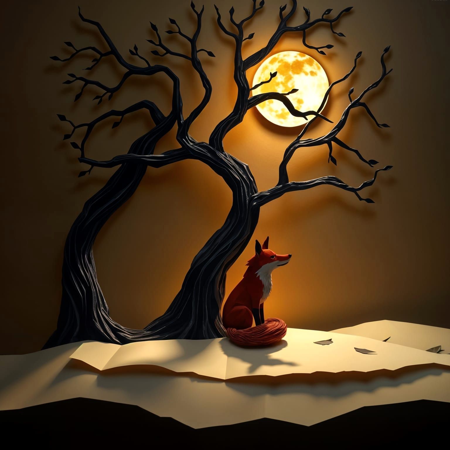 Fox Sits Under Harvest Moon in Papercraft Style