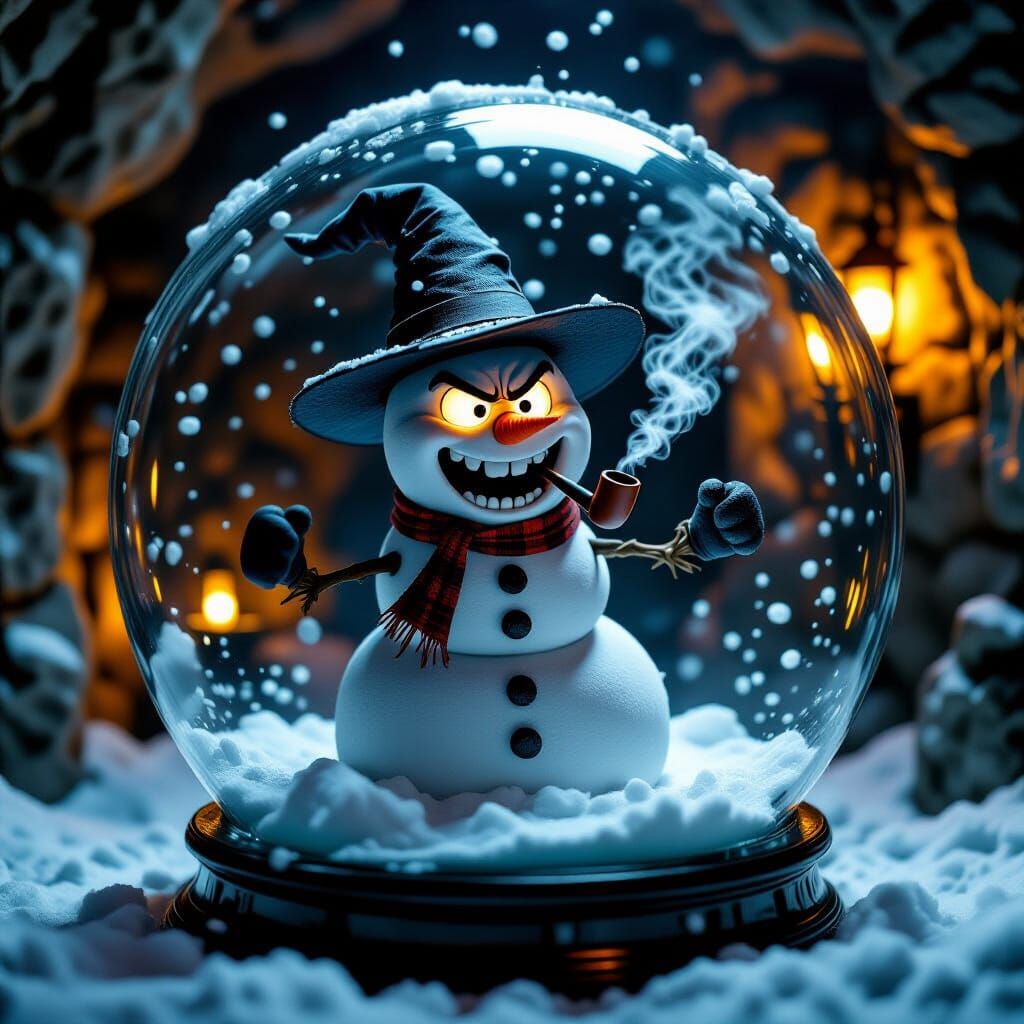 A grumpy snowman wearing a witch hat and smoking a pipe viol...