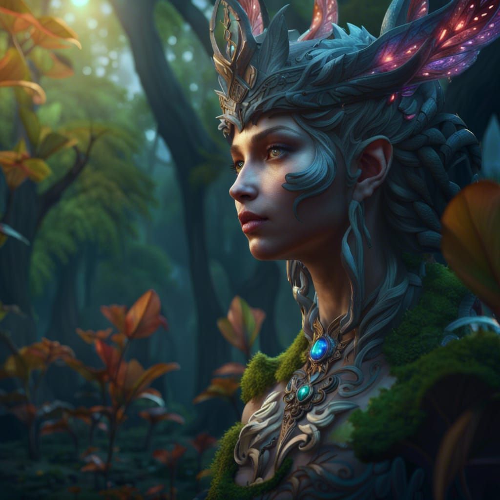 Hyperdetailed Elf Deity in a Fantastical Forest