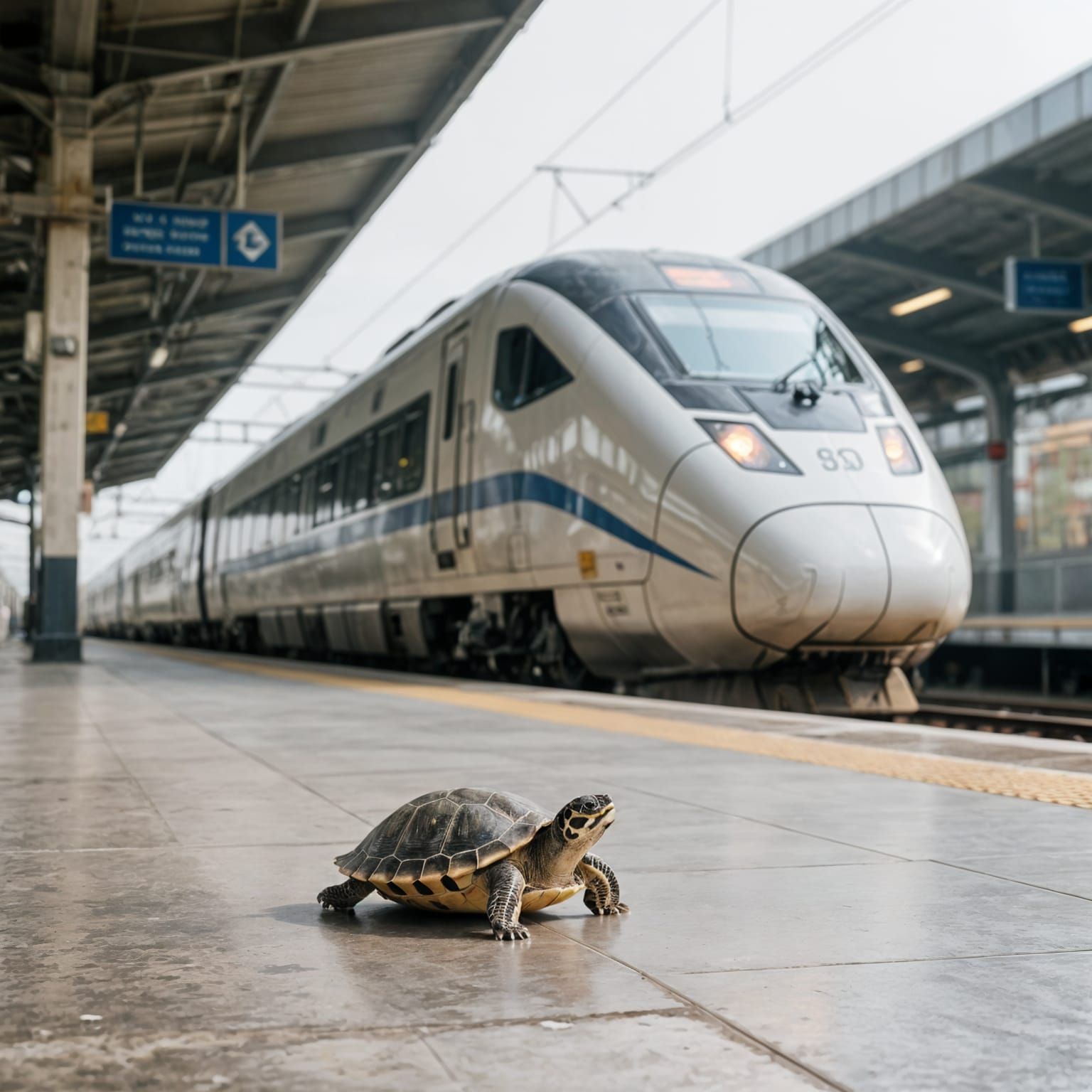 Turtle Meets High-Speed Train at Empty Station