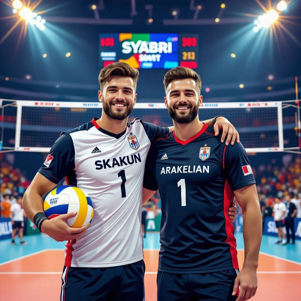 Volleyball Players Celebrate Victory in Stadium