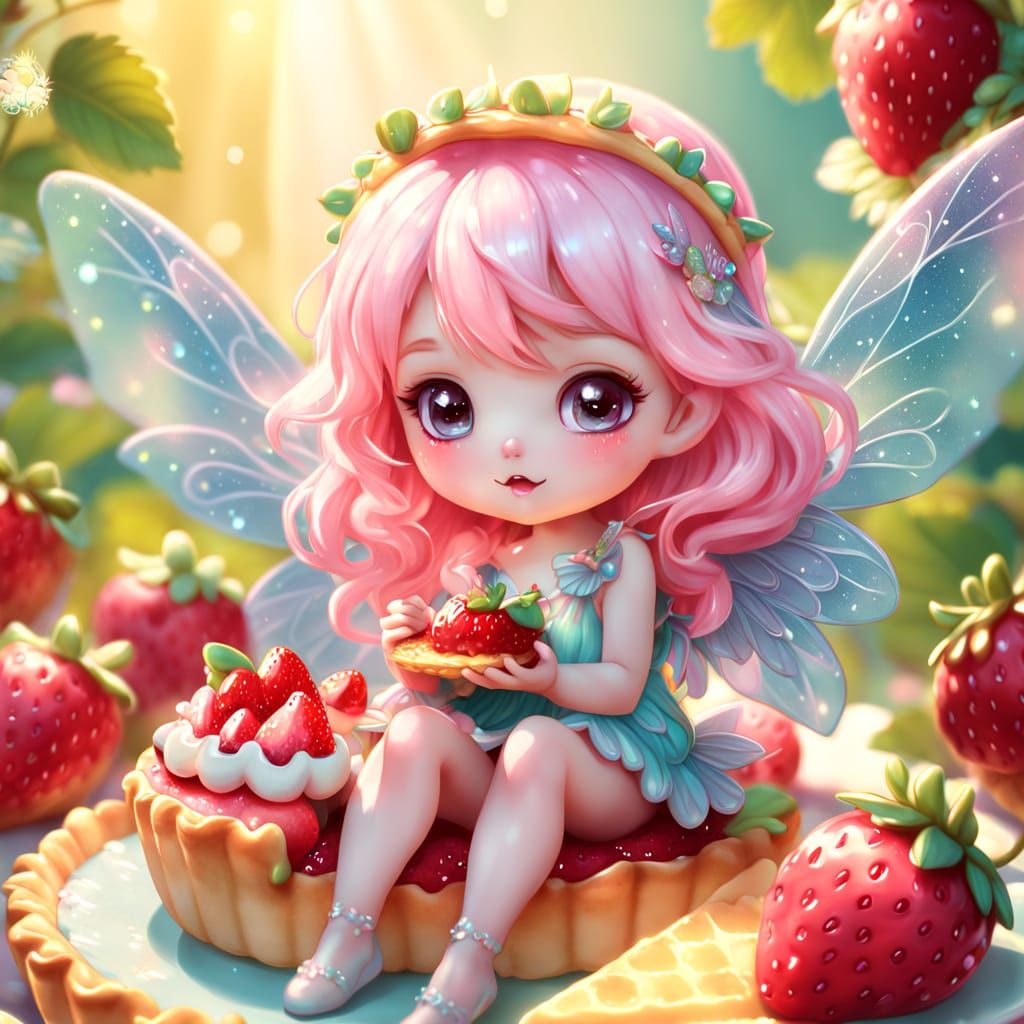 Kawaii Chibi Fairy Enjoying Strawberry Tart
