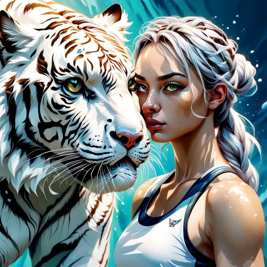 Hyperrealistic Fairy Girl with White Tiger