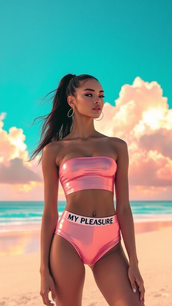 Synthwave Athlete Poses on Retro-Futuristic Beach