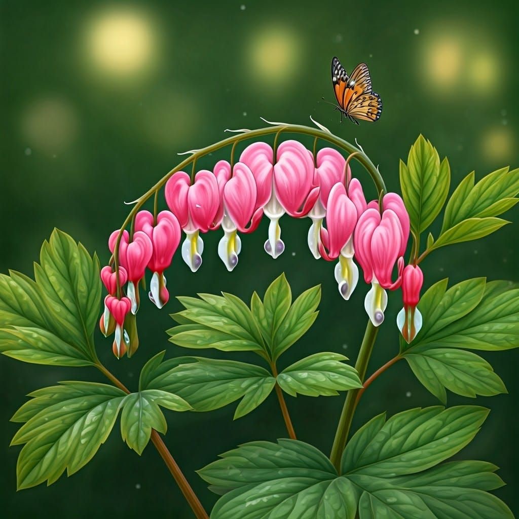 Delicate Watercolor Bleeding Heart Blooms with Butterfly