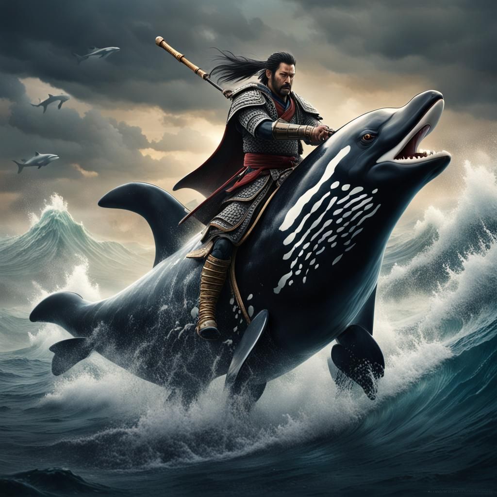 Samurai Riding Killer Whale: Epic Digital Painting