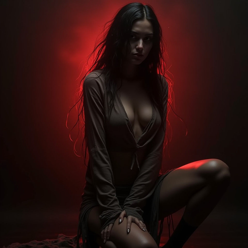 Fiery Woman: Photorealistic Portrait of Evil in Shadow