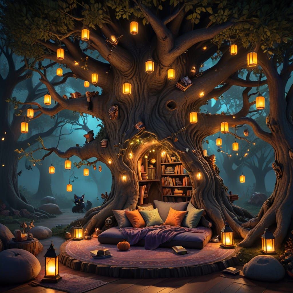 Cozy Tree Library with Floating Books and Reading Witches
