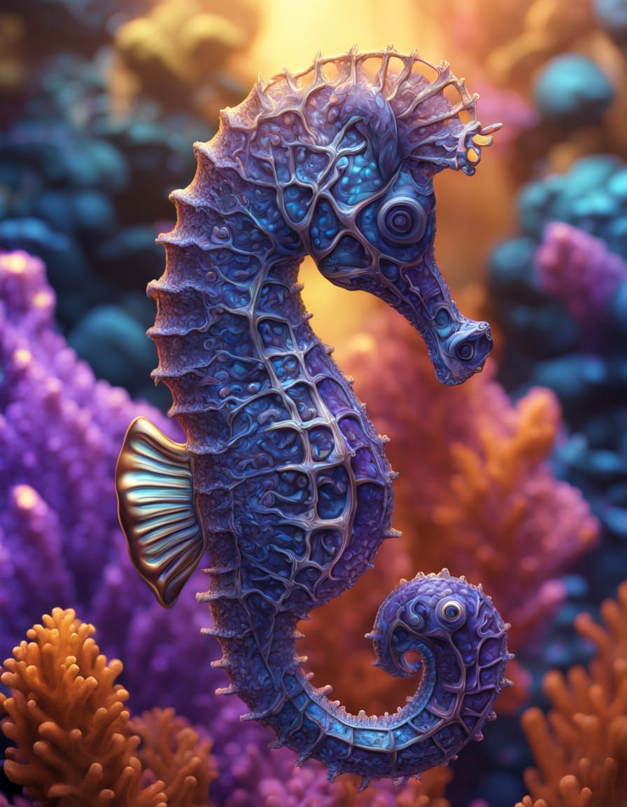 Ethereal Seahorse in Glowing Tesseract Coral Reef