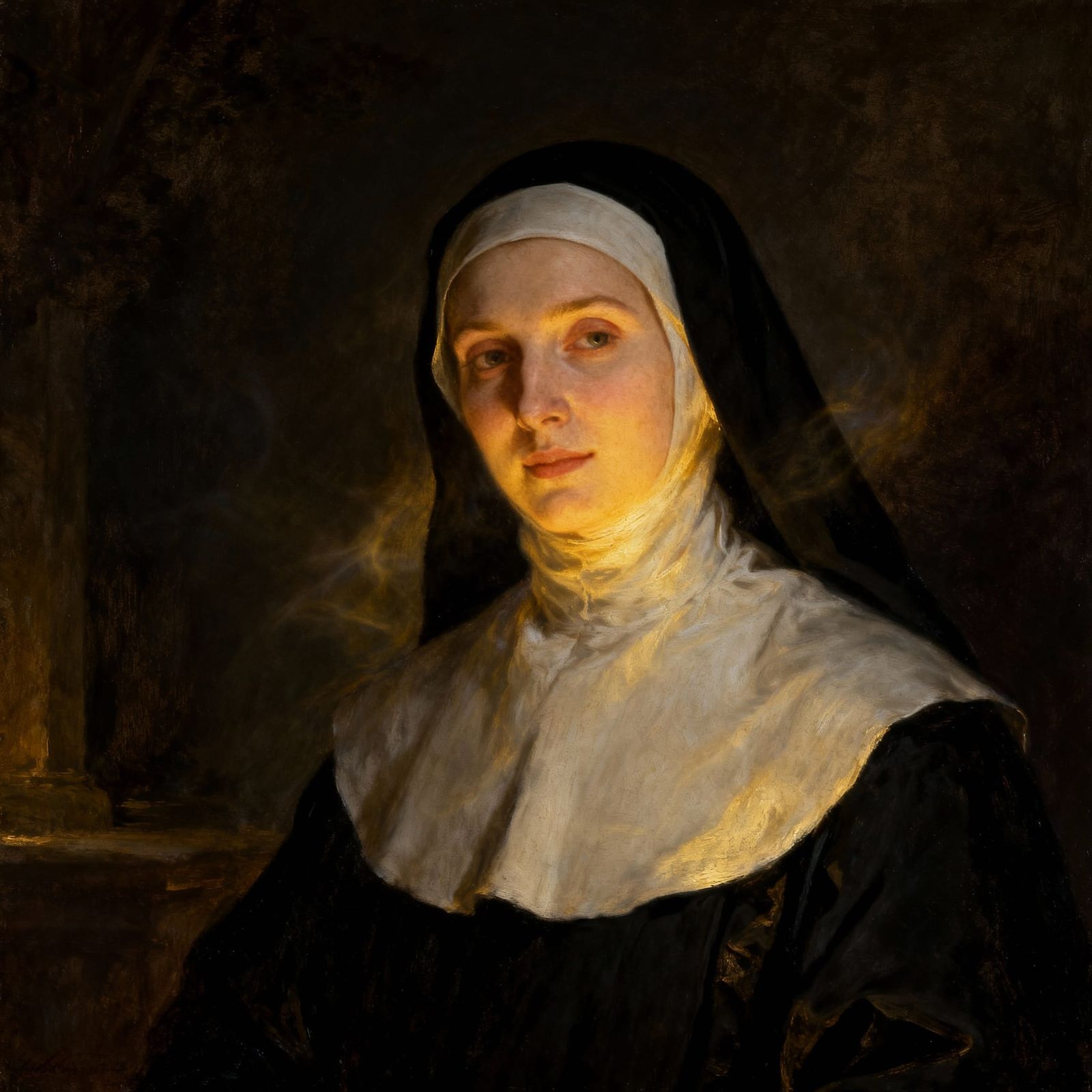 Serene Nun in Ethereal Light, Baroque Oil Painting