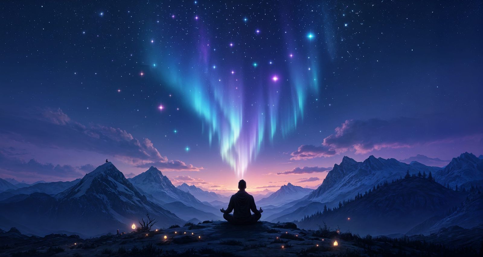 Person Meditating Under Starry Sky with Violet Glow