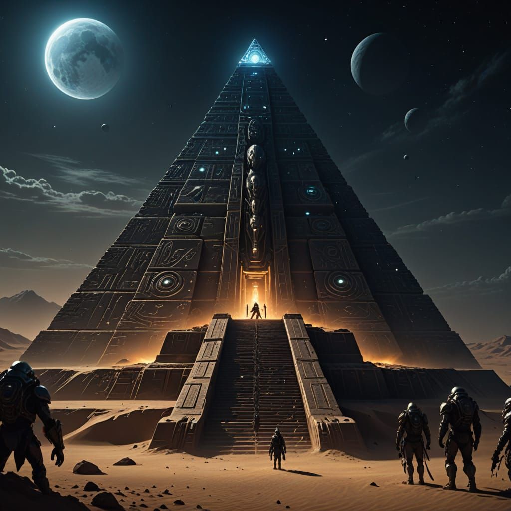 Alien Pyramid Battle in Desert at Night
