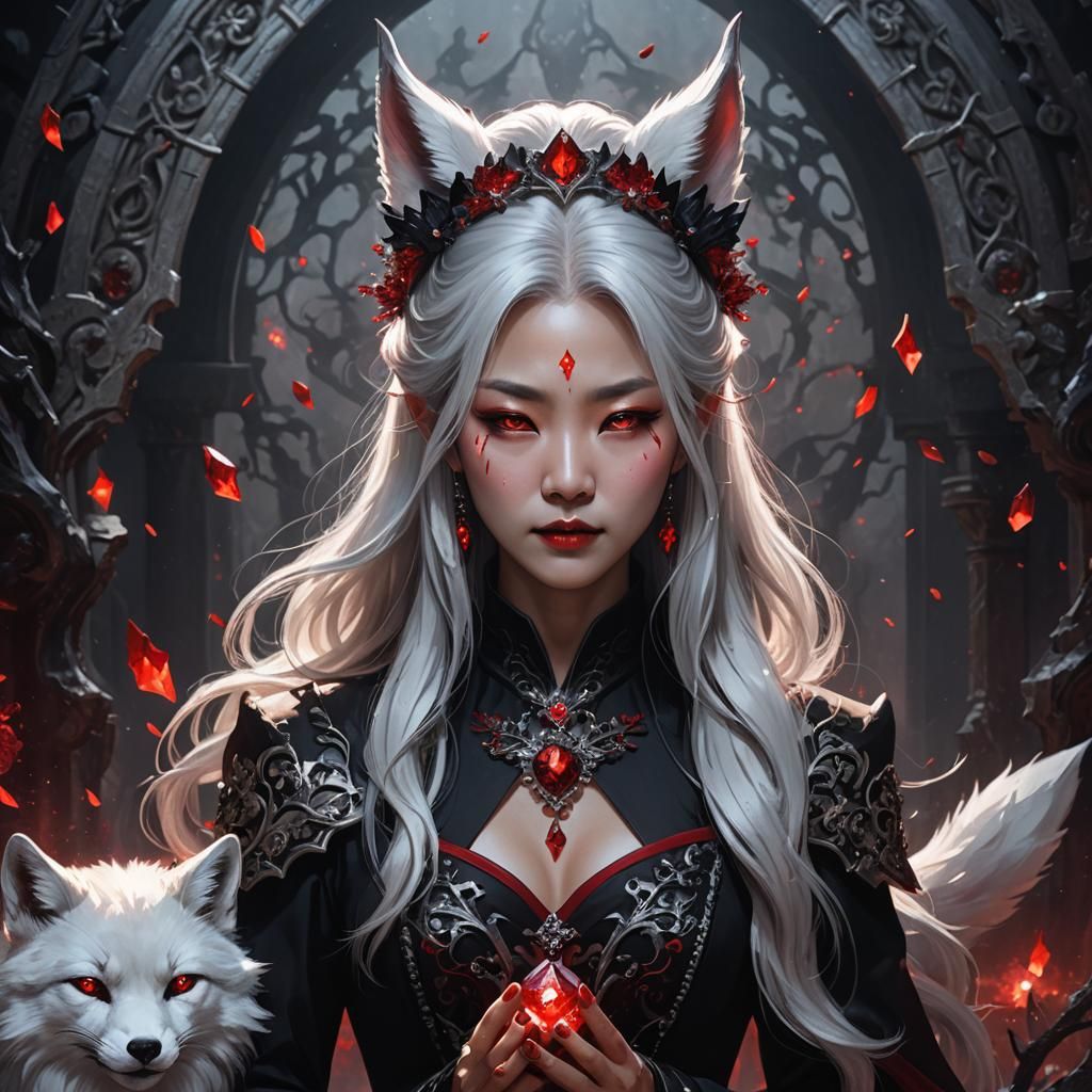 Elegant Vampire Queen with Fox Ears and Crystals