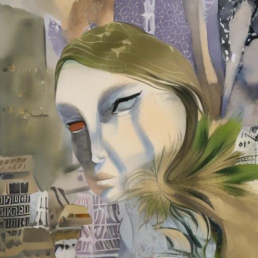 Watercolor Woman's Face in Ghibli Moebius Style