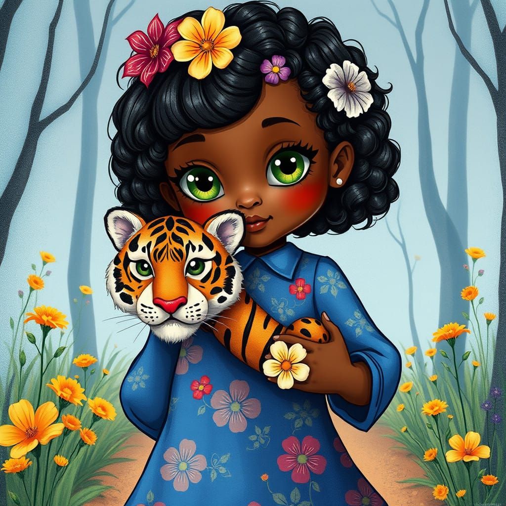 Whimsical Girl in Floral Garden with Orange Tiger