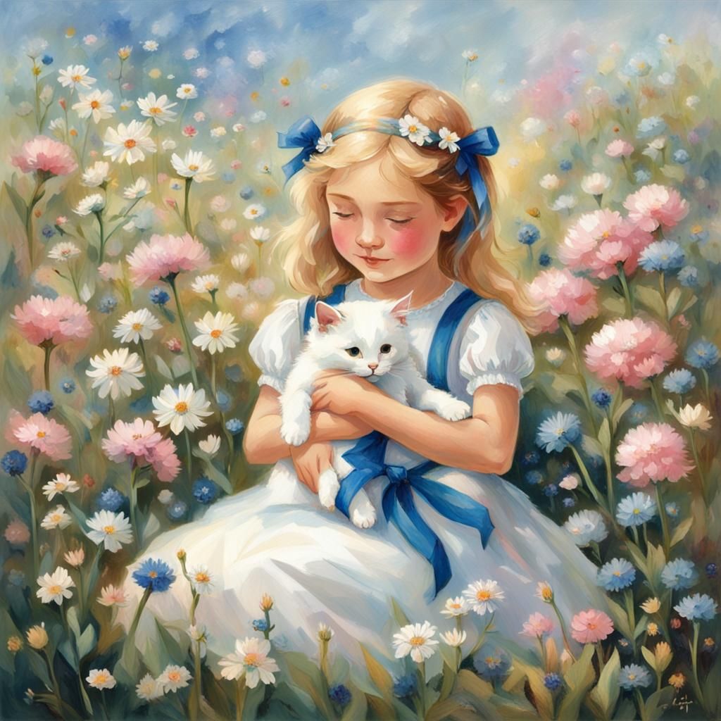 Girl with Cat in Flower Field