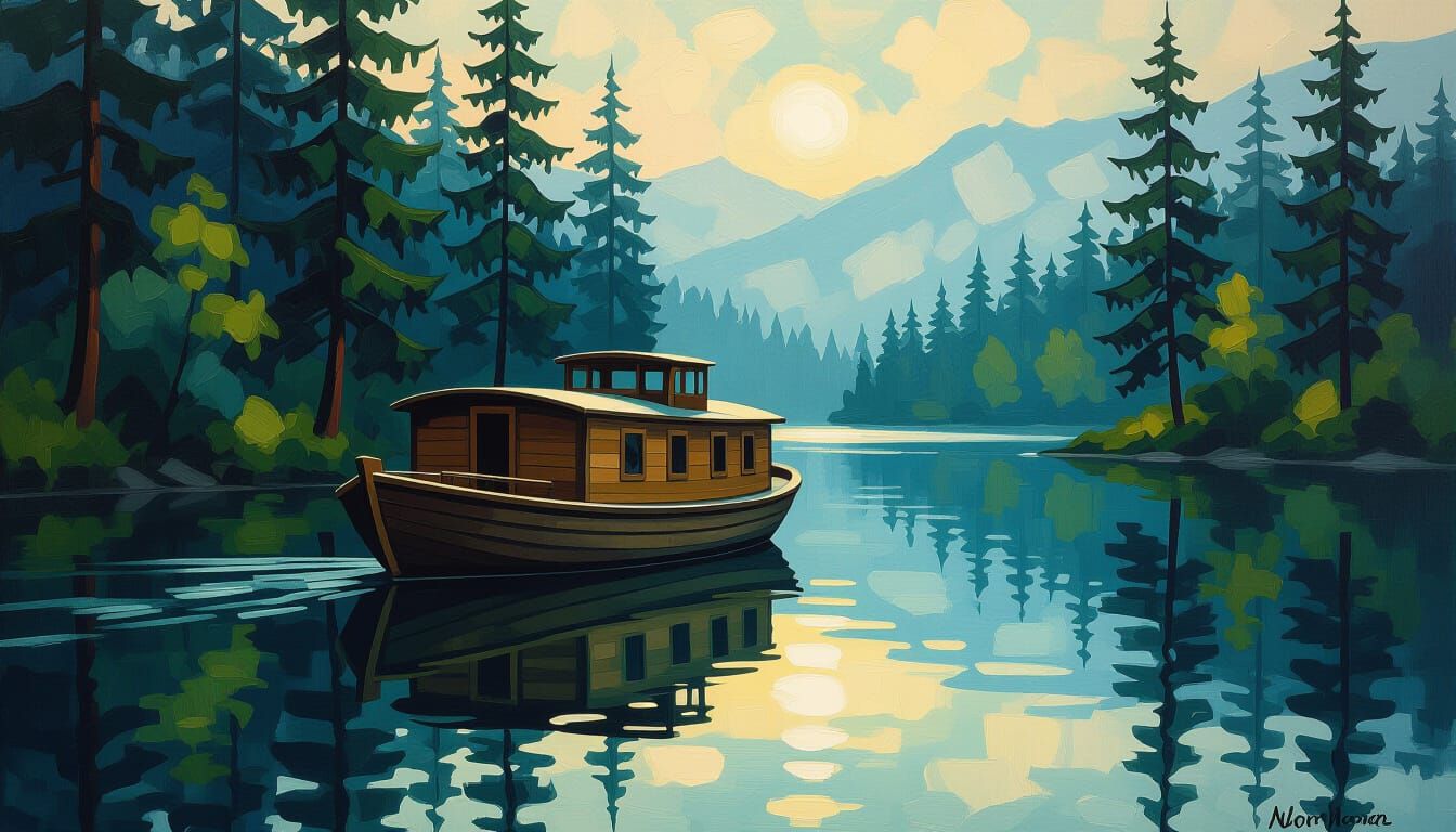 Rustic Houseboat on Tranquil Lake in Impressionistic Style