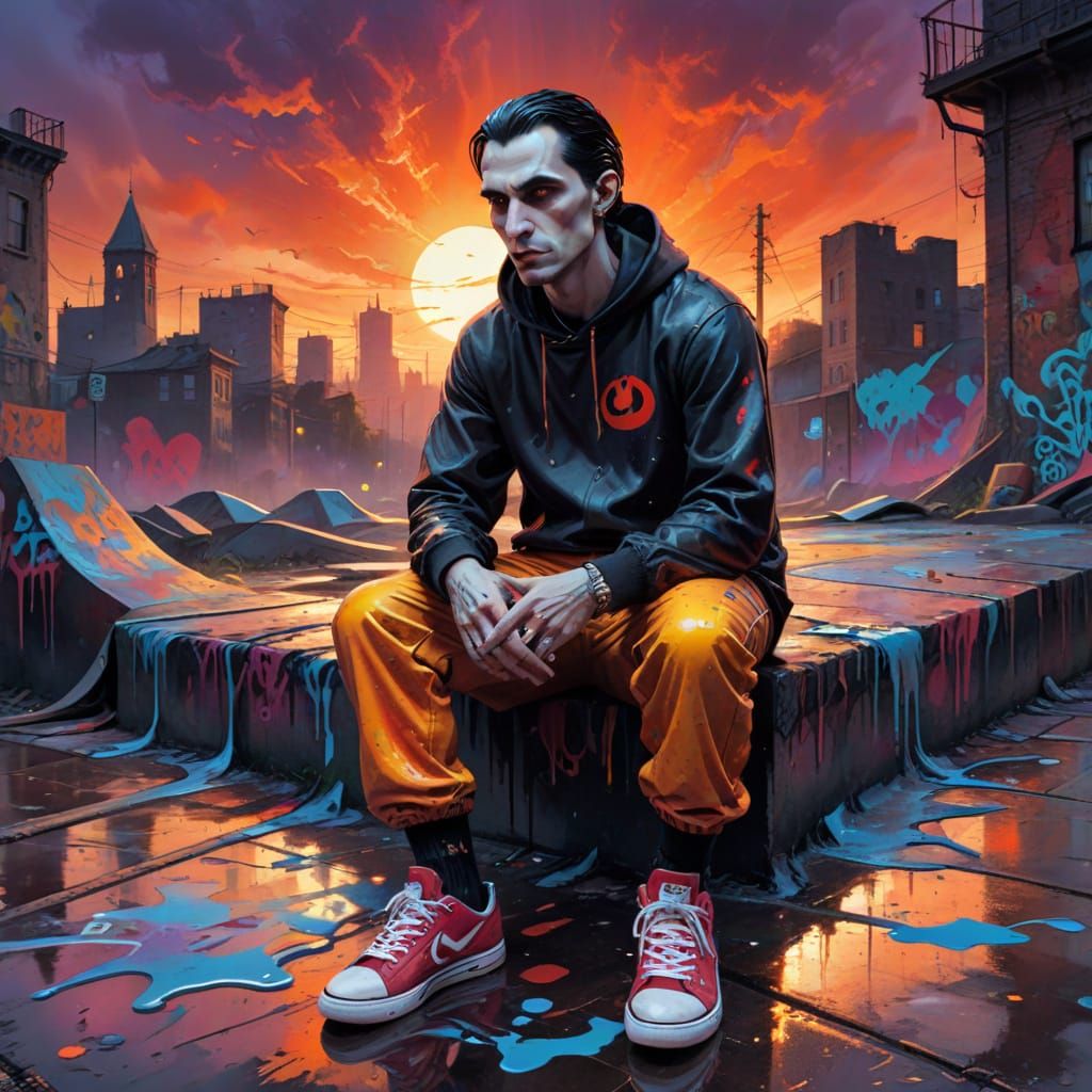 Gothic Dracula Watches Skateboarding Kids at Dusk in Vibrant...