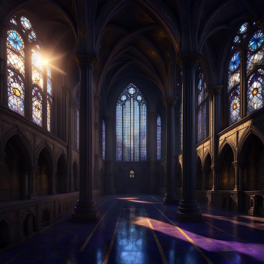 Dark Gothic Coliseum with Blue Stained Glass