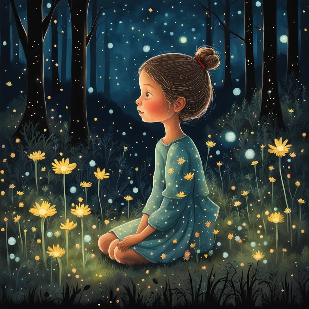 Whimsical Girl in Forest with Fireflies and Moonlight