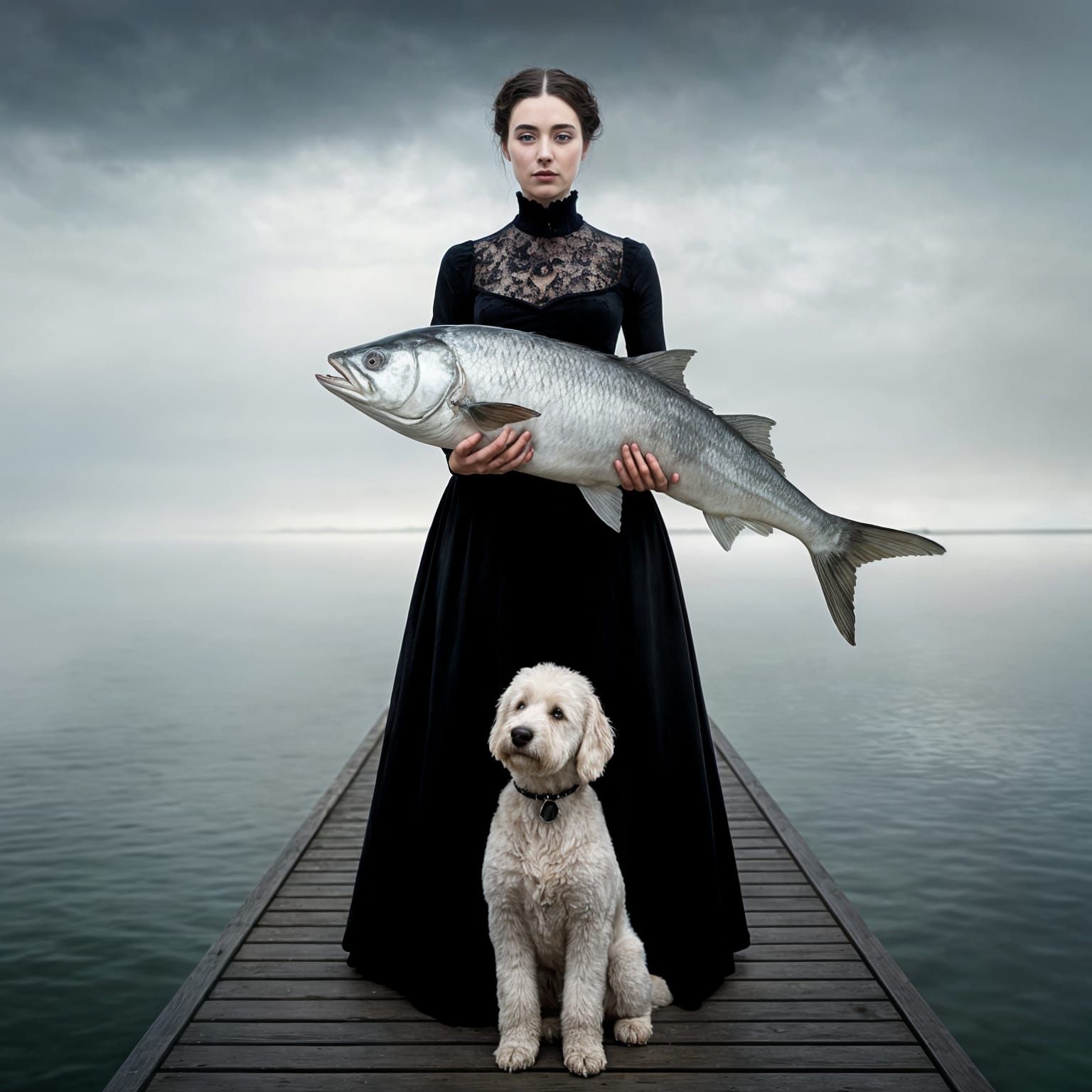 Surrealist Portrait of a Victorian Woman with a Fish and Dog...