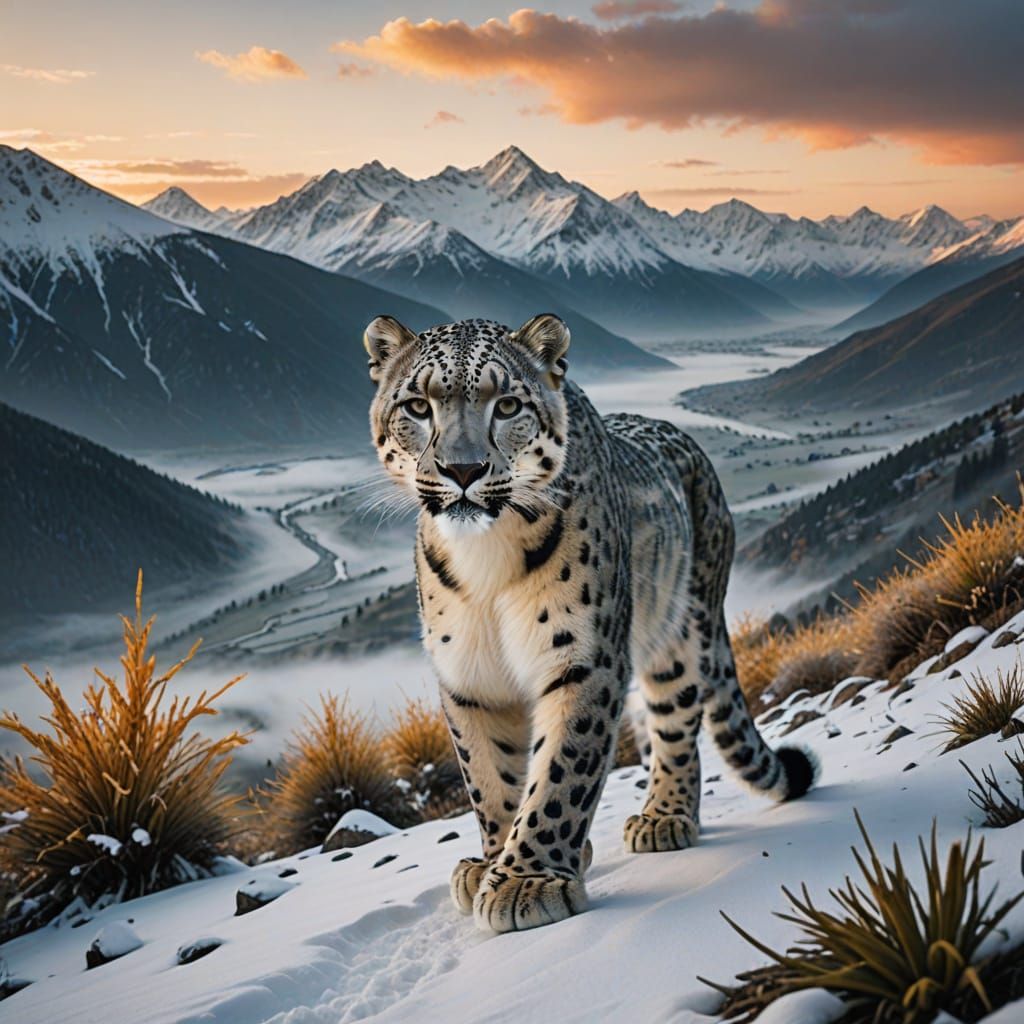 Surreal Snow Leopard Strolls Through Ethereal Valleys