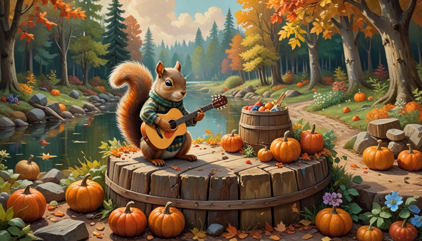 Anthropomorphic Squirrel Plays Guitar in Autumn Woods