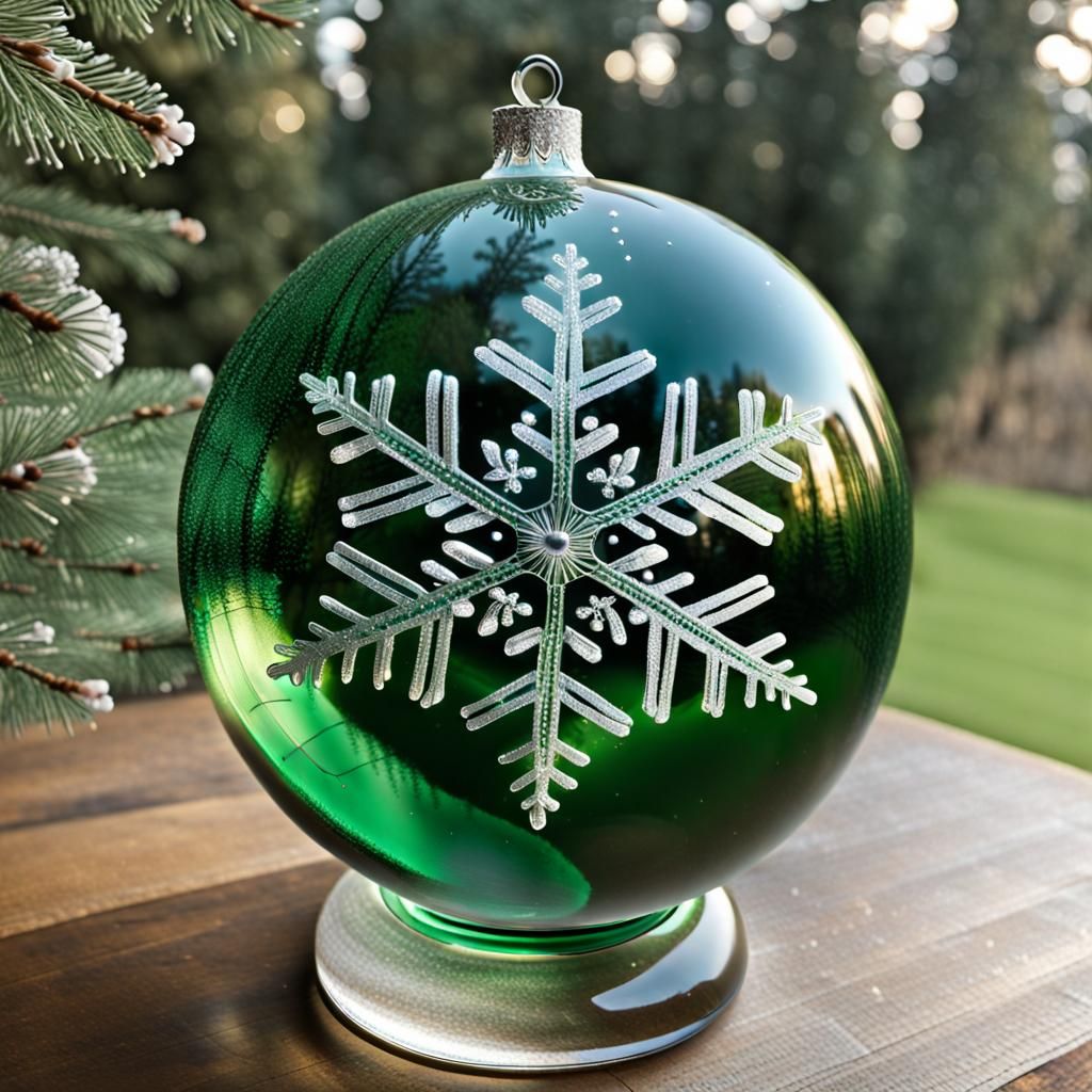 Sparkly Etched Snowflake on Green Glass Globe