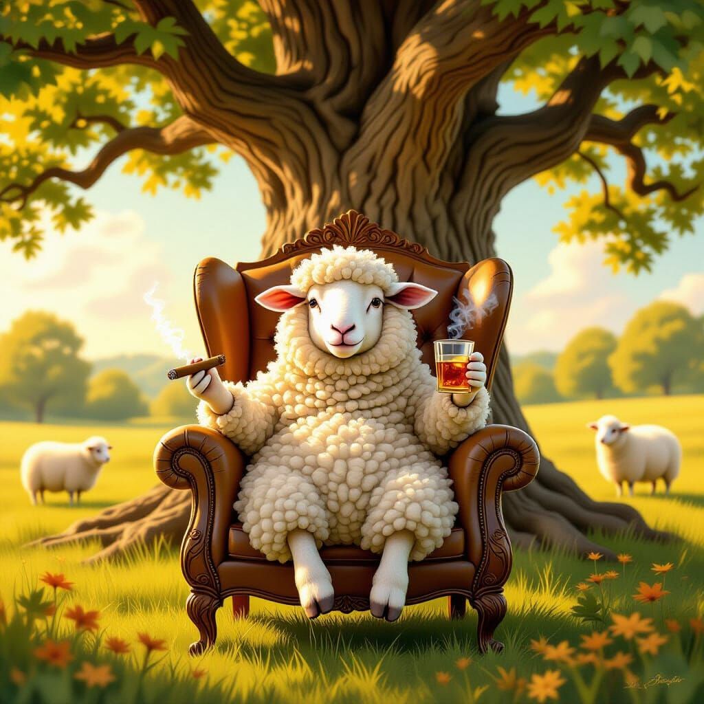 Regal Sheep Enjoys Cigar and Drink Under Oak Tree