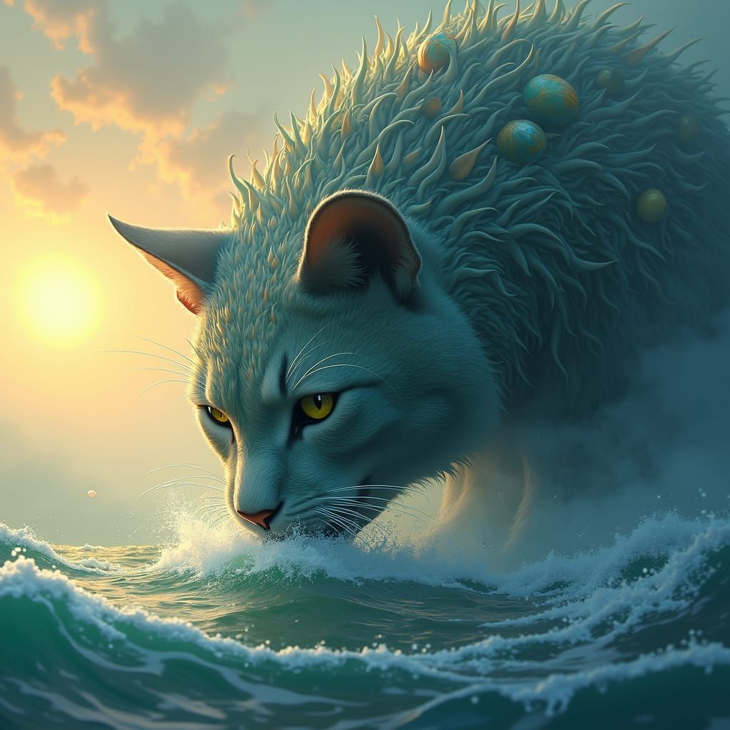 Giant Cat Drinks Earth's Ocean at Sunset