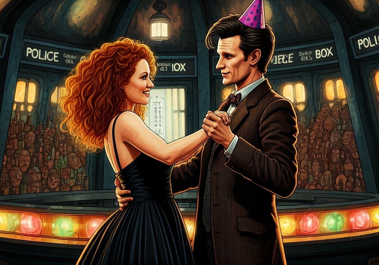 Dancing Doctor Who and River Song in Vibrant Tardis Party Sc...
