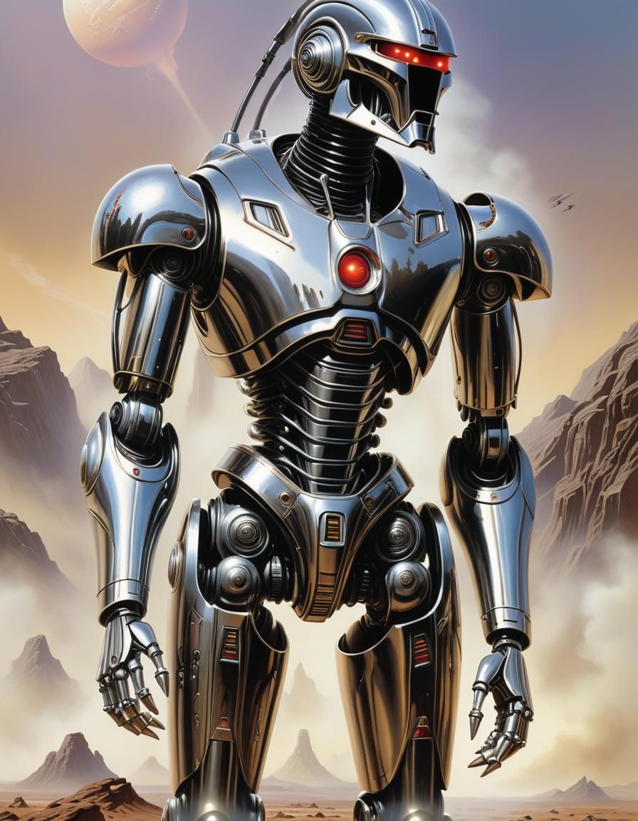 Chrome Cylon Robot in Alien Landscape