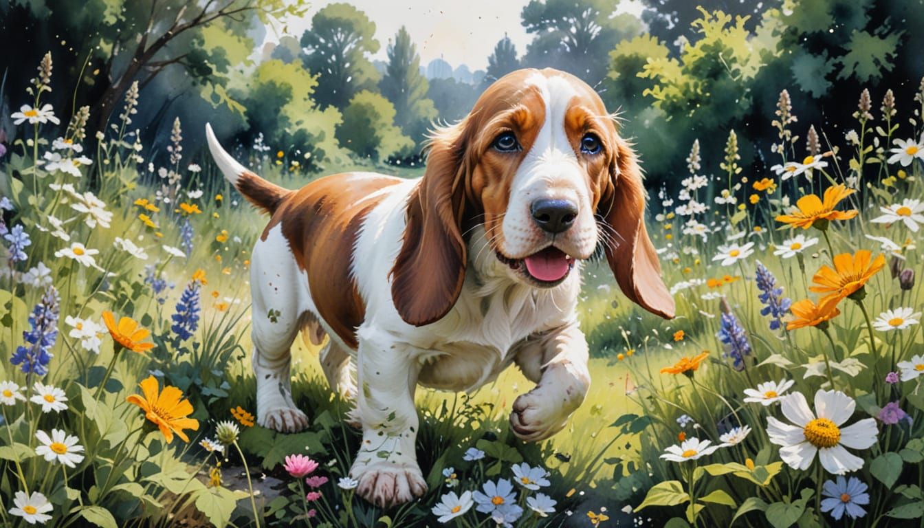 Playful Basset Hound Puppy in a Sunny Garden