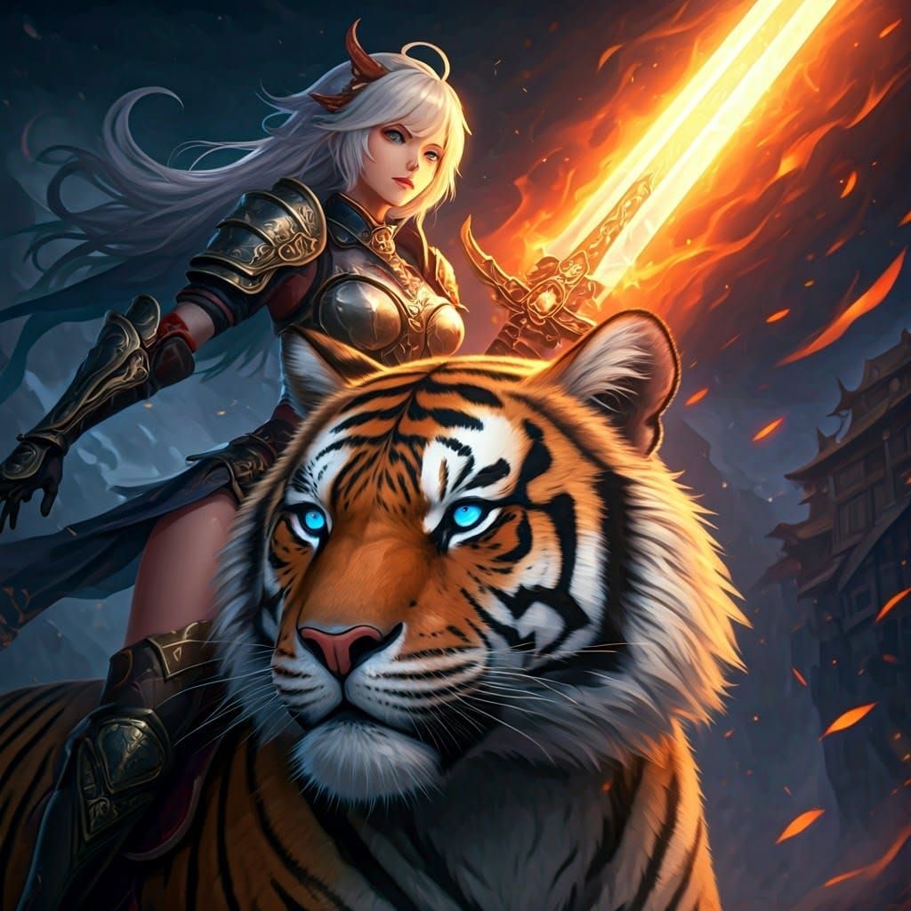 Woman Warrior on Tiger in RPG Anime Style