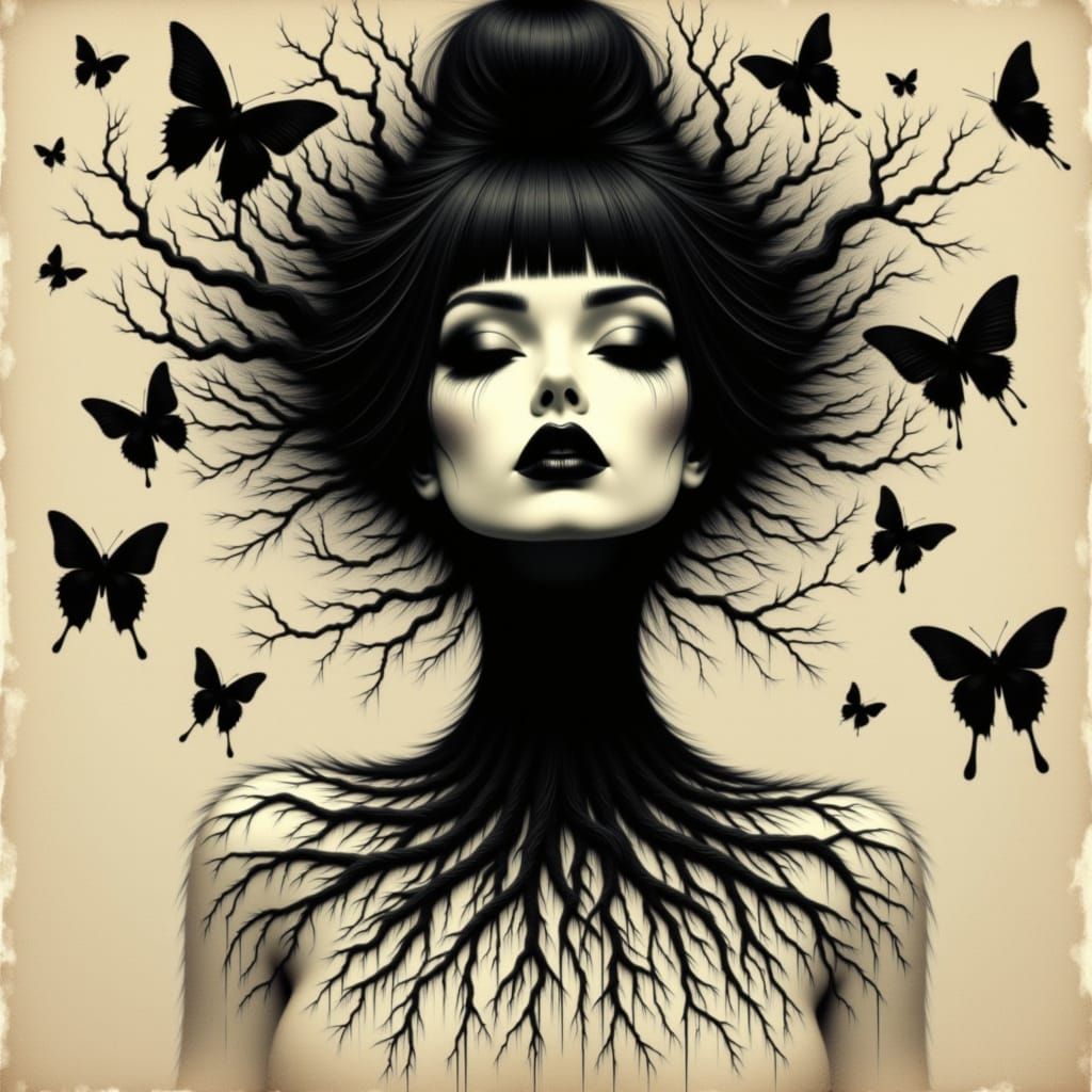 Surreal Woman with Hair Like Roots in Vintage Photo Style